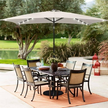 10 ft. x 6.5 ft. Rectangle Solar LED Outdoor Patio Market Table Umbrella with Push Button Tilt and Crank in Beige