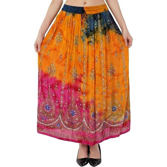 Women's Tie Dye Yoga Skirt with Sequined Crinkle Broomstick Gypsy Design Multicolor