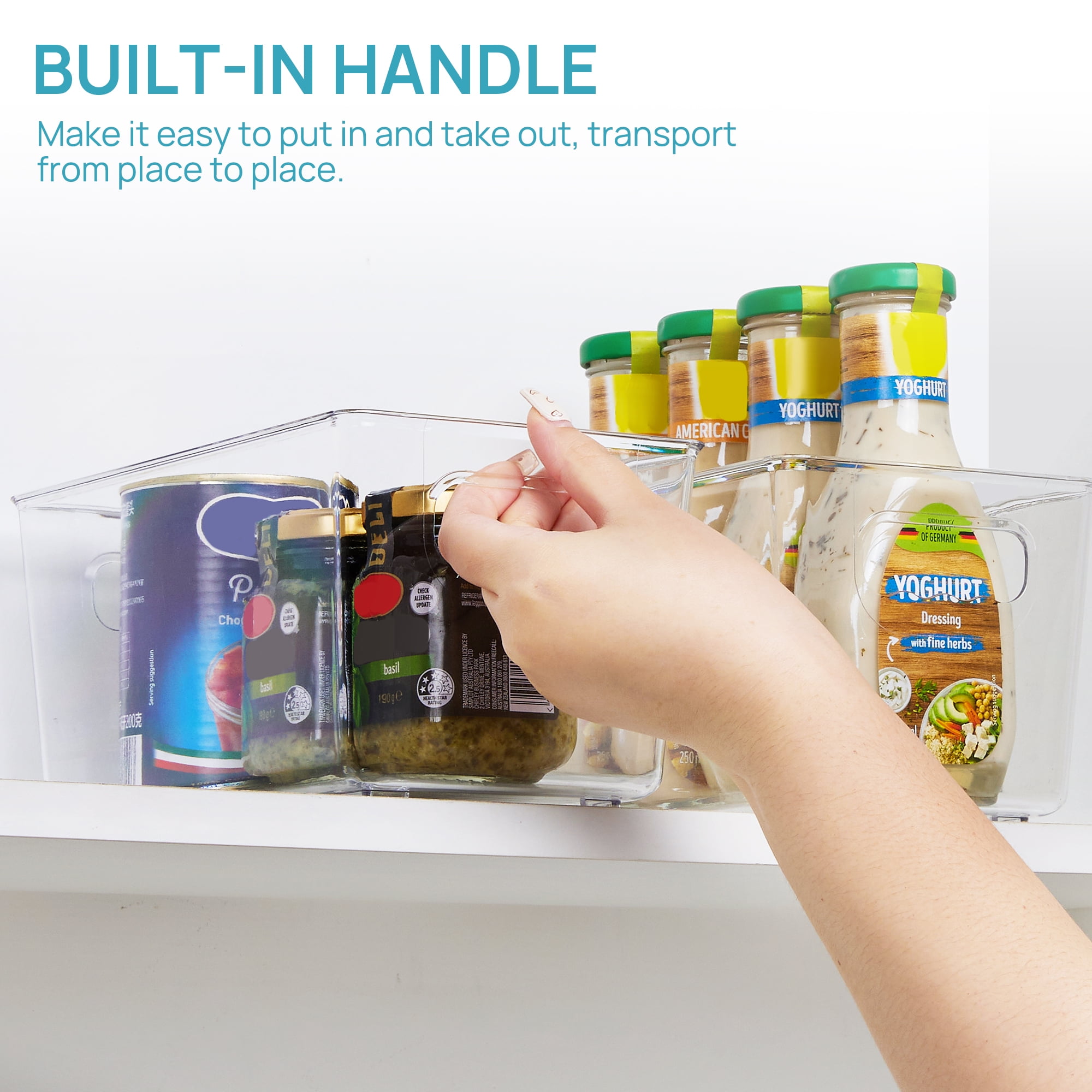 Sindcom 4 Pack Clear Plastic Storage Bins with Handles, Pantry Organizer Bins, for Refrigerator, Freezer, Cabinet, Kitchen, Countertops, SmallFreezer,Cabinet,Closet Organization and Storage