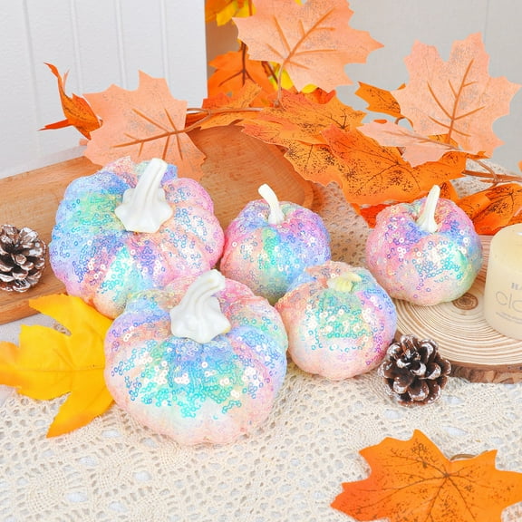 Fall Decor under $5! Yannianjz 5 PCS Artificial Glitter Pumpkins, Multicolor Faux Pumpkin Harvest Table Centerpiece for Fall, Sequin Pumpkins for Decorating, Thanksgiving Decorations