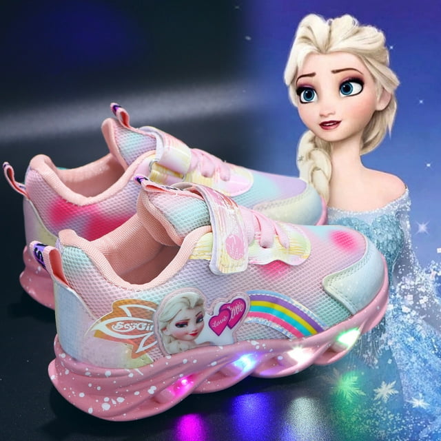 Girls' Casual Sneakers with LED Light, Elsa Princess Style - Waterproof, Breathable, 7-13Y, Polyester Upper, Bonded Leather Sole