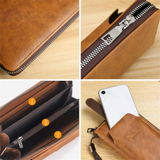 Yhmxh Organizadores y almacenamiento Cartera de cuero para hombre de gran capacidad, con cremallera y múltiples tarjeteros para guardar teléfonos de 6,9 pulgadas. Almacenamiento de ducha