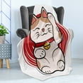 thumbnail image 4 of Japanese Cat Soft Flannel Fleece Throw Blanket, Cheerful Luck Cat with Cool Background, Cozy Plush for Indoor and Outdoor Use, 70" x 90", Vermilion Cocoa, by Ambesonne, 4 of 5