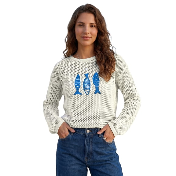 ZhiHiMeRi Women's White Fish Embroidered Sweater, Casual Open Knit XL
