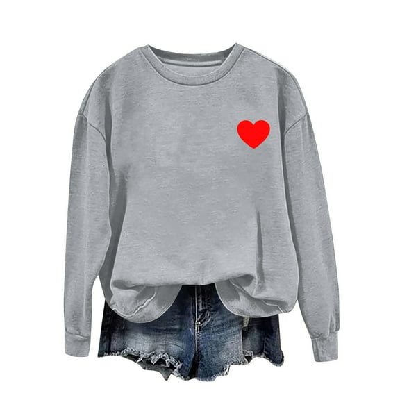 Fewfanhot Women's Clothing Valentine Sweatshirt - Women's Cute Love Heart Shirt Long Sleeve Hoodless Sweatshirts