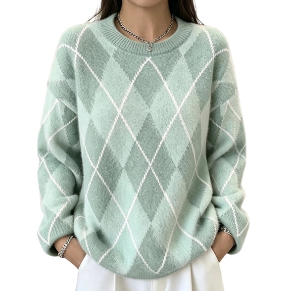 Women Argyle Sweater Oversized Knit Pullover Crewneck Colorblock Long Sleeve Cozy Fall Winter Tops