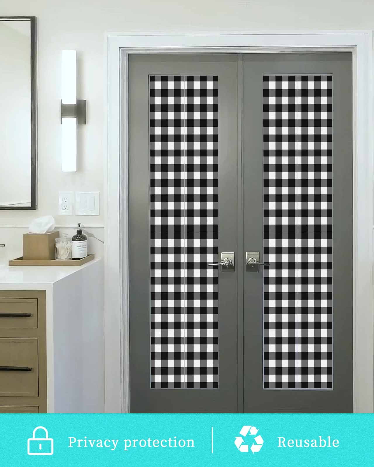 Window Privacy Film Black White Plaid Stained Glass Window Film Decorative Sun Block Window Cover Modern Simple Buffalo Check Gingham Window Clings Static Adhesive Sticker for Bathroom 17.7"x78.7"