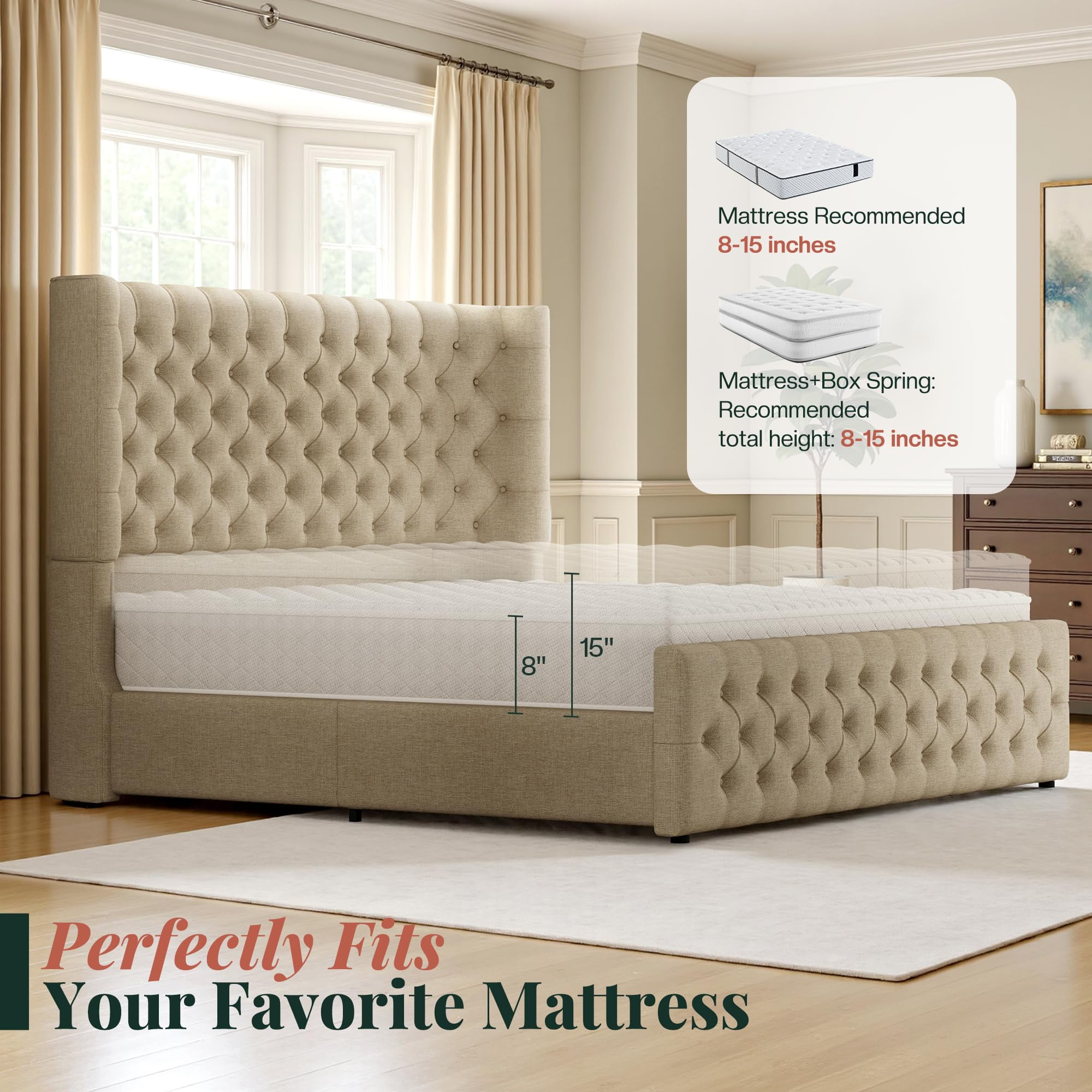Amerlife Queen Bed Frame with 49” Upholstered Wingback Headboard, Noise-Free Platform Bed with Steel Frame and Slip-Resistant Edges, Khaki