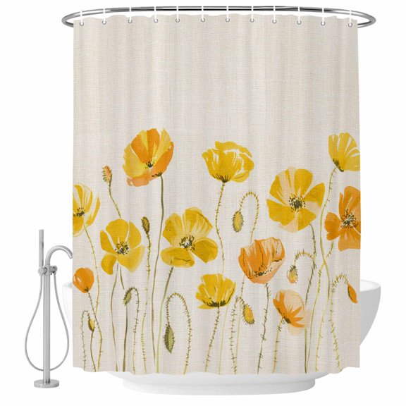 Yellow Flowers Shower Curtain Set - 72" x 78" Washable Bathtub Curtain with 12 Hooks, Farmhouse Botanical Watercolor Floral Waterproof Fabric Stall Shower Curtains for Bathroom/Bathtub Décor