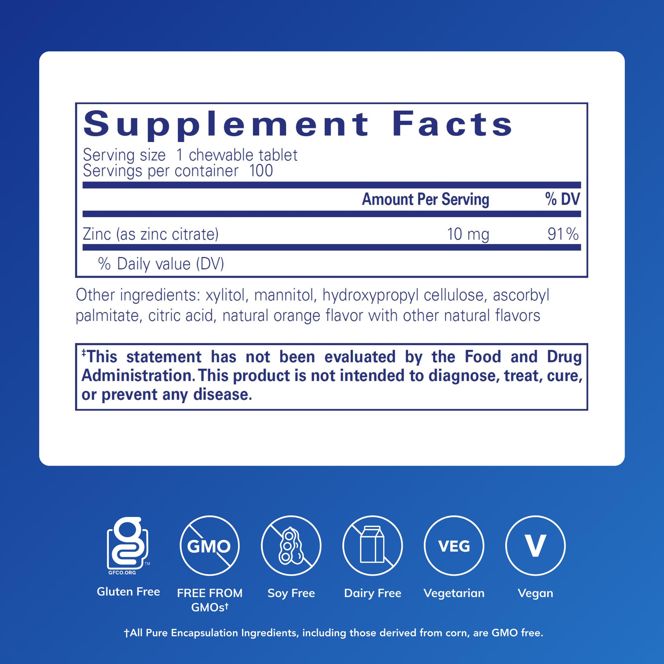 Pure Encapsulations Zinc Chewables | Supplement for Immune System Support, Growth and Development, and Wound Healing* | 100 Chewable Tablets | Natural Orange Flavor
