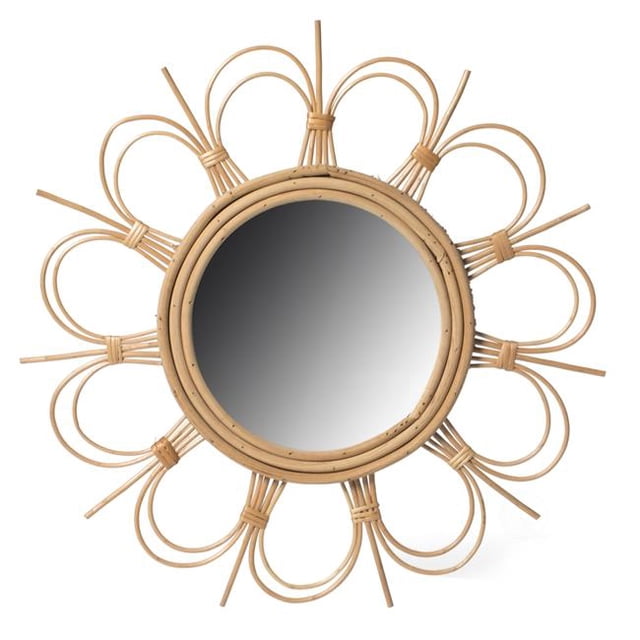 Fabulaxe QI004071 Forme Décorative de Fleur Bois de Rotin Naturel Rond Moderne Boho Suspendu Miroir Mural
