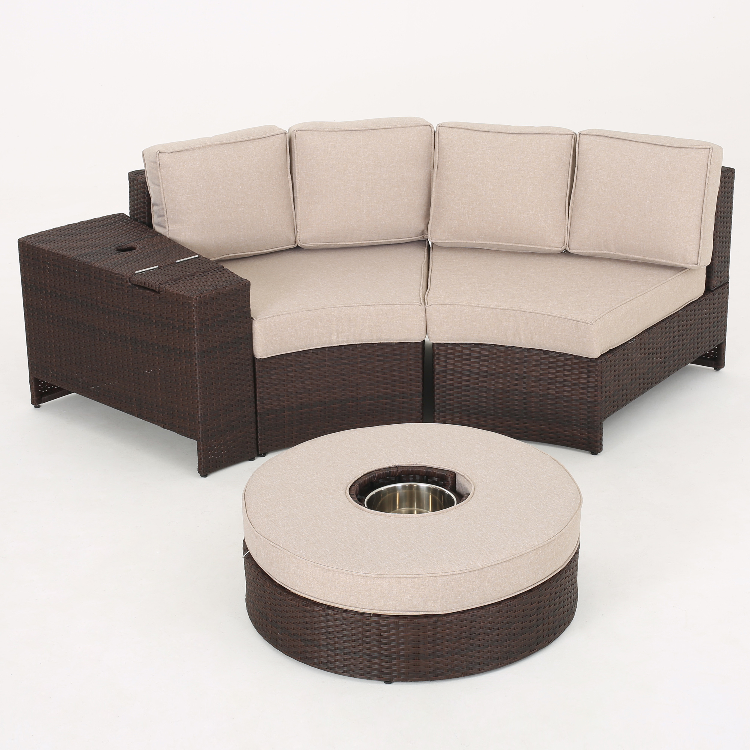 Sinclair 4 Piece Outdoor Wicker 1/2 Round Seating Set with Cushions and Ice Bucket Ottoman, Brown, Beige