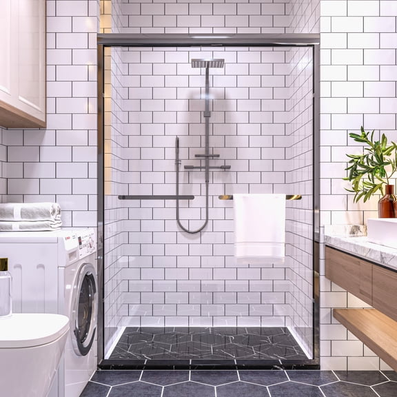 46 to 48 in. W x 72 in. H Framed Pivot Shower Door in Silver with Clear Glass