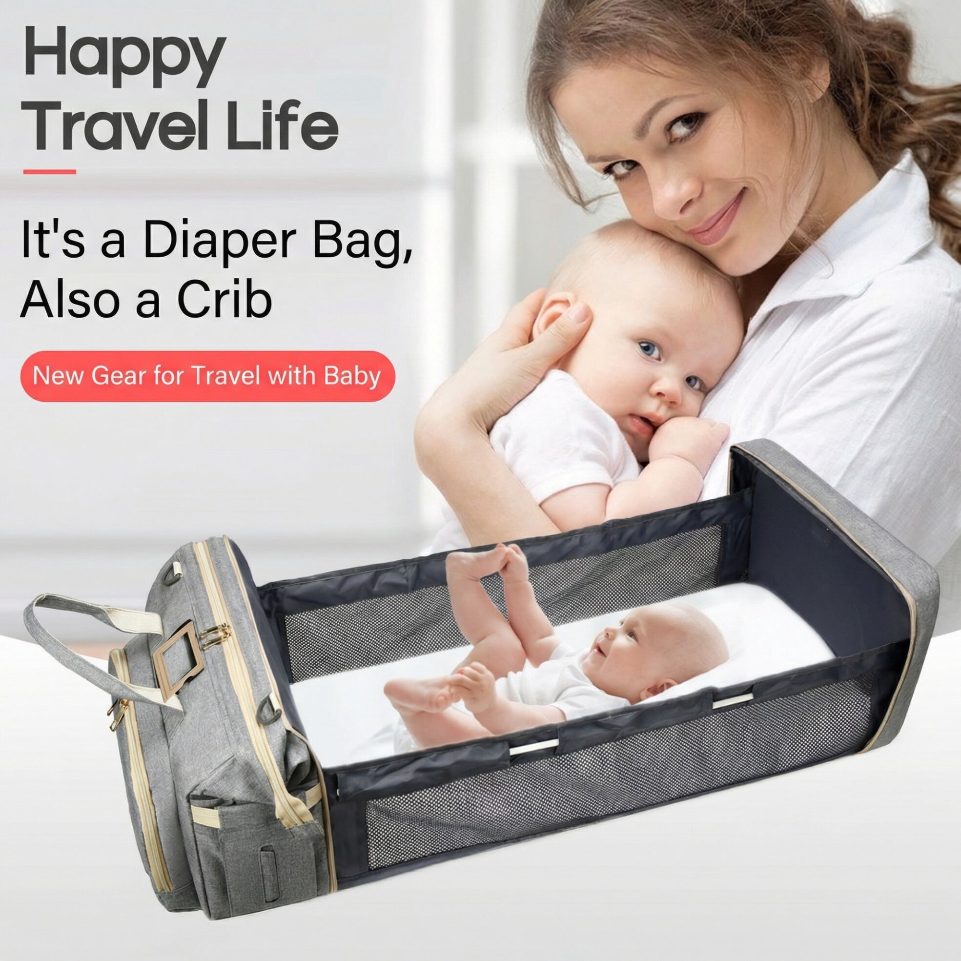 Diaper changing bag, multi-functional baby changing bag, includes insulated bottle holder, essential for baby travel, large capacity travel backpack with USB charging port and stroller strap (gray).