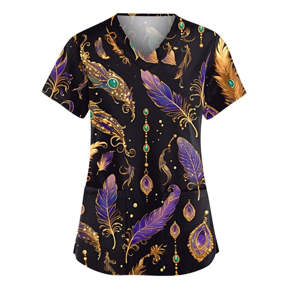 Mardi Gras Scrubs for Women Carnival Sequins V Neck Scrubs Glitter Short Sleeve Party Nurse Uniform with Pockets Black L
