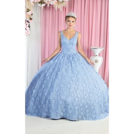 

Layla K LK168 Juniors Womens Floral Applique Corset V-Neck Quinceanera Ball Gown