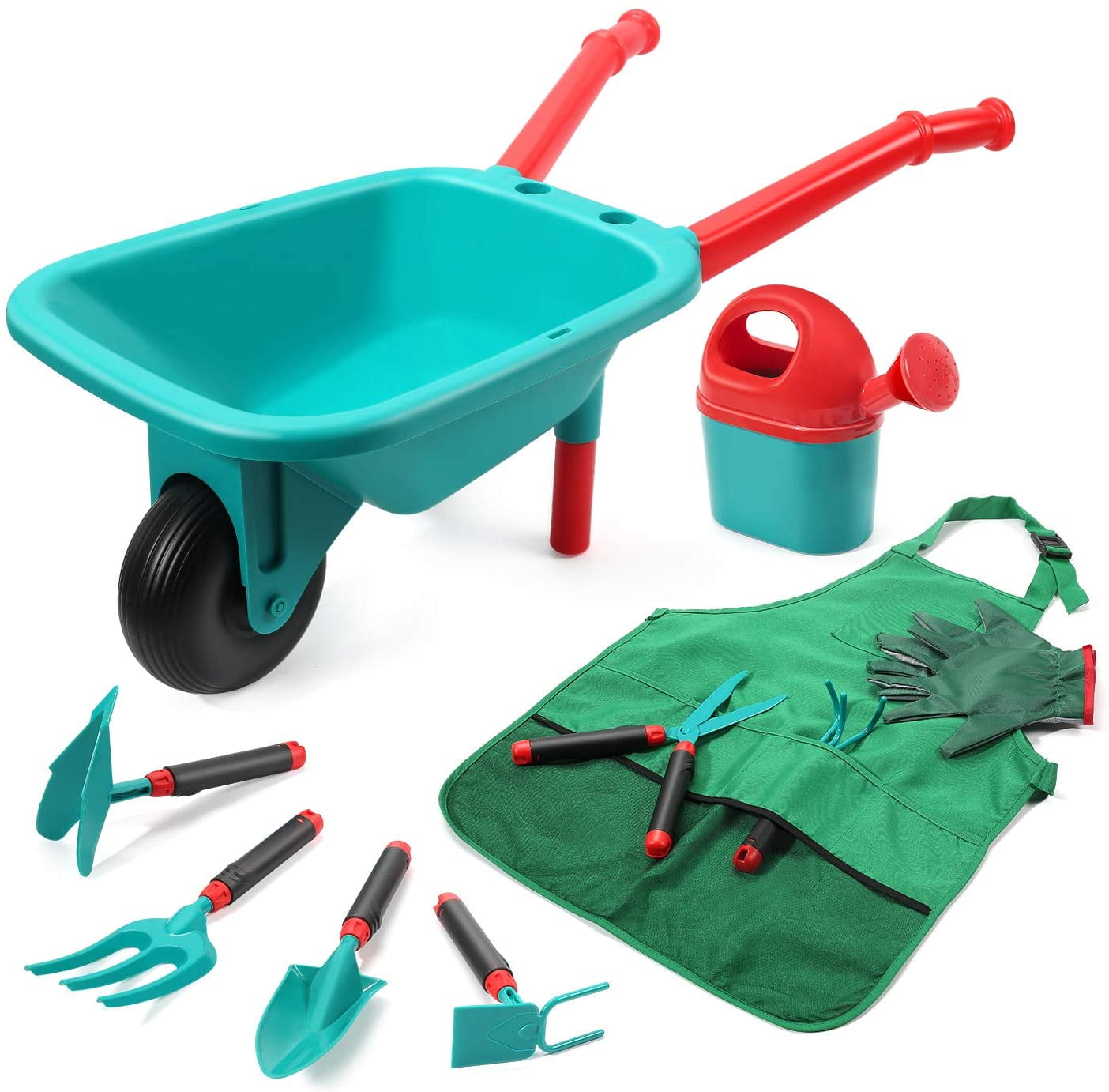 Watering Cans Hoe and Trowel Pretend Cleaning Gardening Trolley Rake Shovel Blue Garden Play Set shamoluotuo Potted Plants and Tool Trolley Kids Gardening Set with Flower Pots