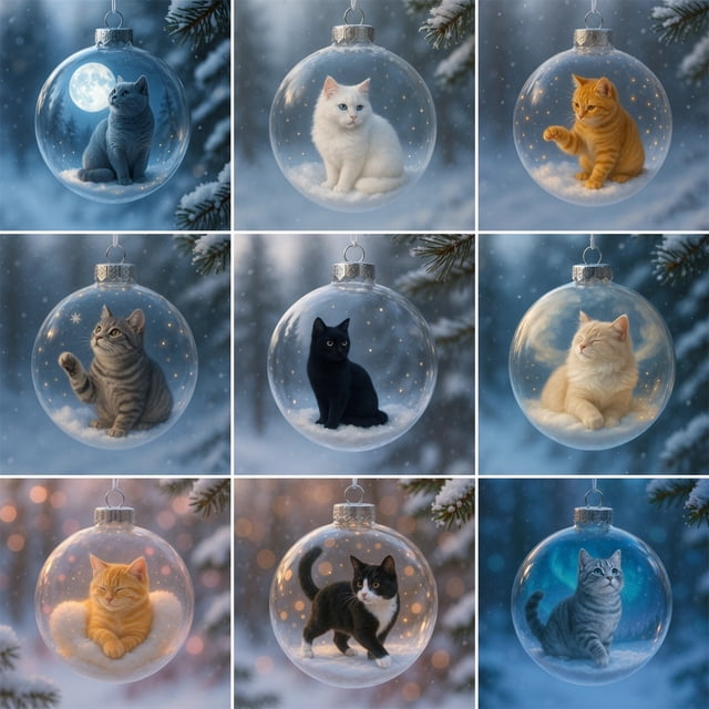 Cute Cats Christmas Ornaments Collection, Cat Christmas Ornaments, Cute Cat Figurines, Festive Home Decor, Xmas Tree Accents, Wooden Stand, 2-Tier Design, for Living Room
