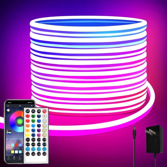 100ft LED Neon Rope Lights, IP65 Waterproof, 5V Low Voltage Flexible RGB Neon Strip, Music Sync for Bedroom, Gaming Room, Indoor & Outdoor Decor