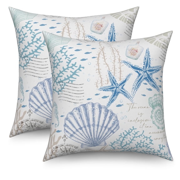 Summer Ocean Throw Pillow Cover Set of 2 Underwater World Starfish Linen Decoration Pillowcase for Home Couch Sofa Bed,18x18 Inch