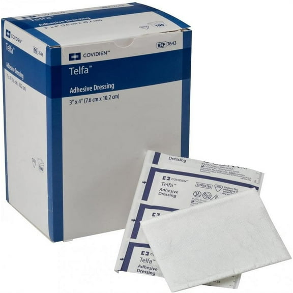 Telfa Adhesive Dressing, Film/Cotton, 3 Inches x 4 Inches, White, Sterile, 100 Count