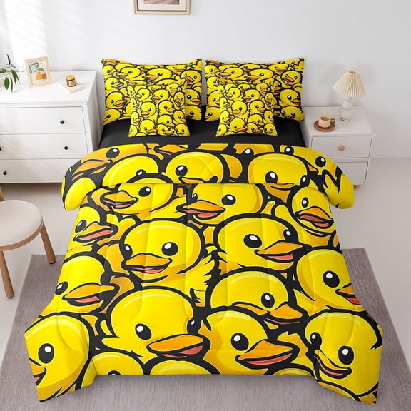 Manfei Yellow Duck 7-Piece Twin Bedding Sets,Cartoon Animal Bedding Comforter Set,Kawaii Wildlife Breathable Sheet Sets,Breathable Cute Bedroom Decorative,Reversible