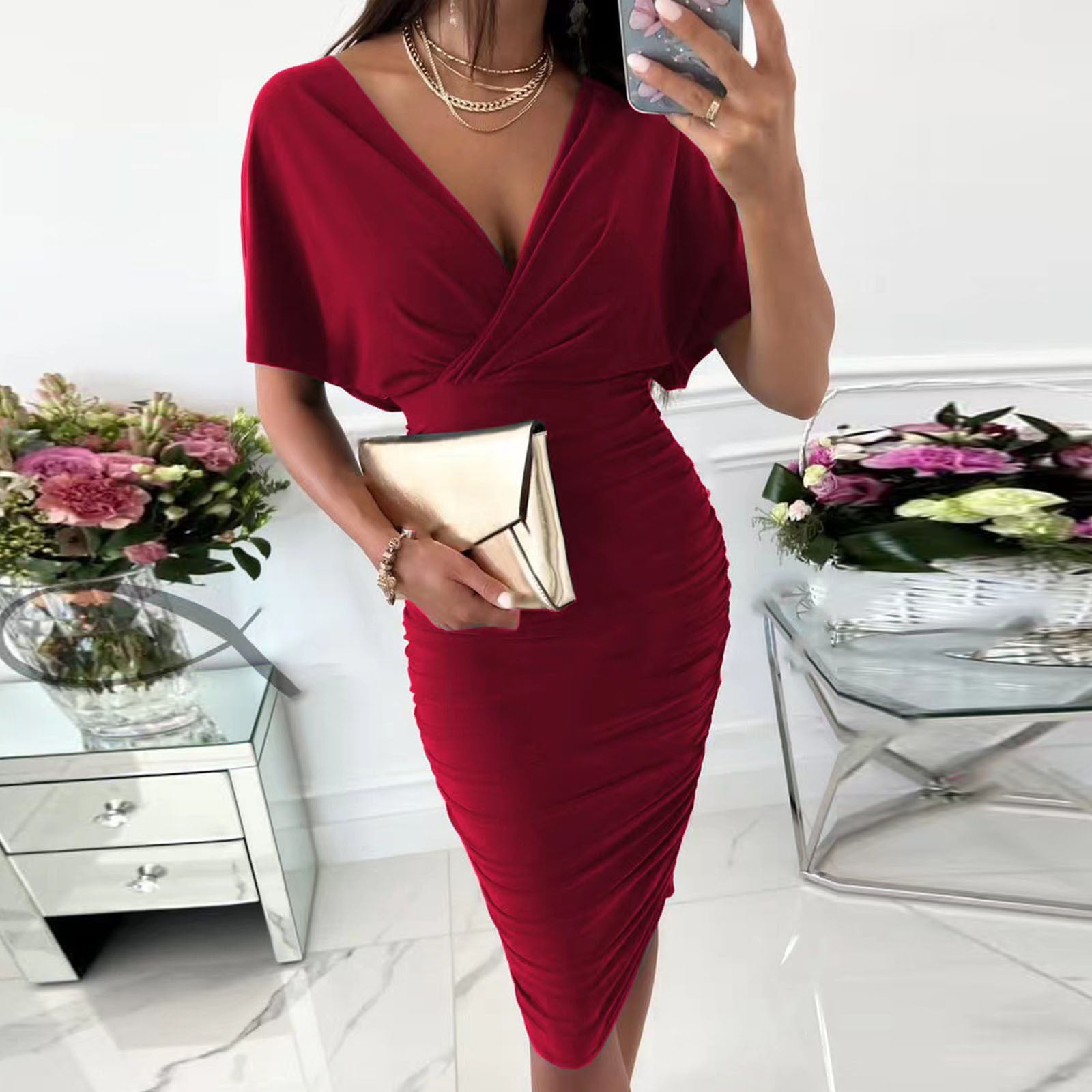 Hfyihgf Womens Deep V Neck Cocktail Pencil Dresses Off Shoulder Short  Sleeve Wrap Ruched Club Party Bodycon Midi Dress（Red,L)