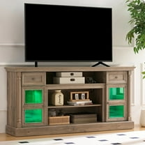 AENKYO 66" Farmhouse TV Stand with RGB LED Lights, Adjustable Shelves & Glass Doors for TVs up to 70in, Walnut
