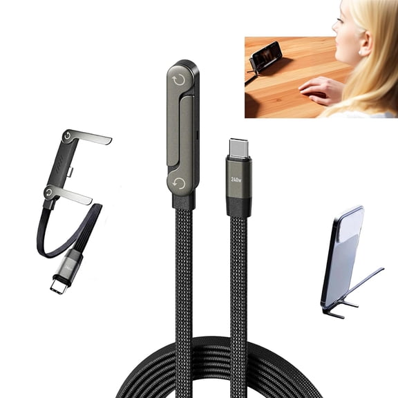 MENRKOO 2-In-1 Invisible Stand Charging Cable, Multi Charger Cord With Type C Multi-Angle Adjustable Stand, 240W Fast Charging Cable For Smartphones,Tablets,Laptops,And Gaming Devices Black