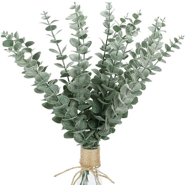 Avdjesfny Eucalipto artificial para exteriores, 16 hojas, tallos, flores artificiales para el hogar, oficina, ramo de flores, centro de mesa, decoración de boda, decoración navideña