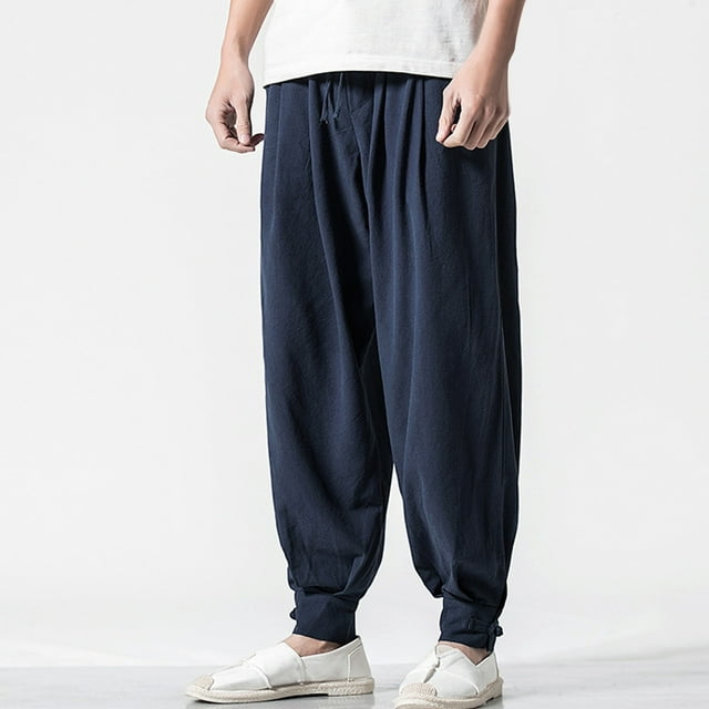 Puntoco Pantalones casuales de moda de color sólido de lino y algodón sueltos para hombres