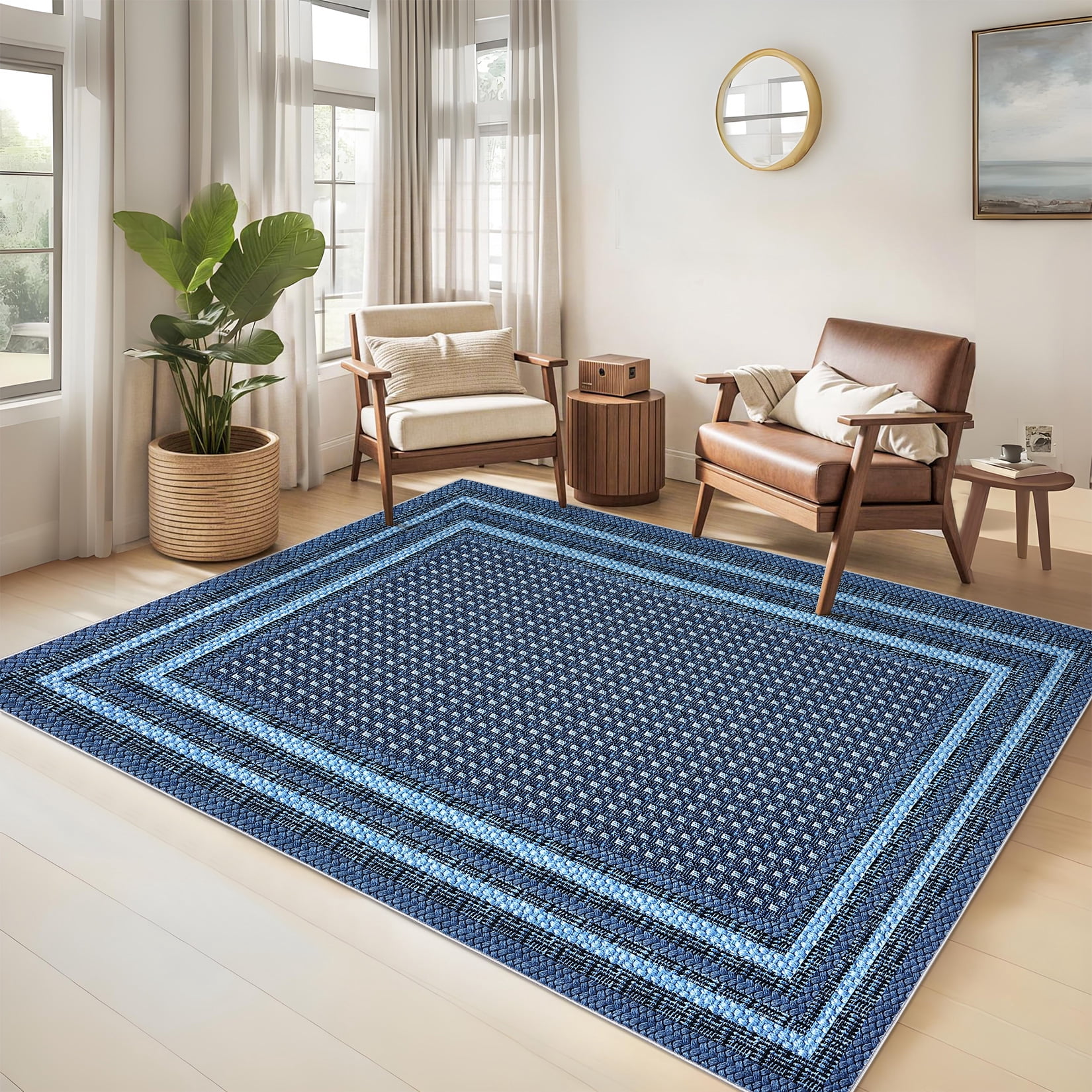 Garvee 5'x7' Bordered Print Area Rug Washable Rugs, Non Slip Modern Geometric Rug Stain Resistant Indoor Carpet for Living Room Bedroom Dining Room, Blue
