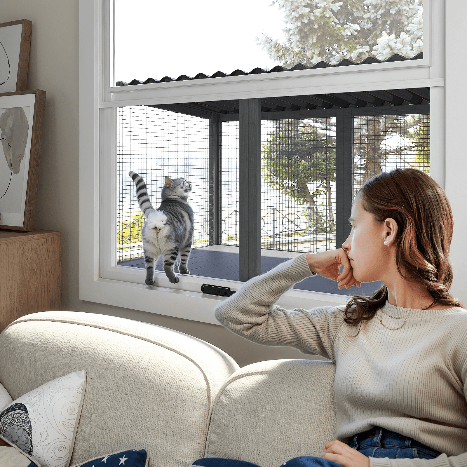 TIMHAKA Cat Catio Wall Mounted Wooden Window Perch for Large Indoor Pets, Grey