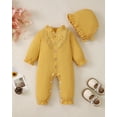 thumbnail image 2 of Kucnuzki Infant Baby Girls Bodysuits 12-18 Months Long Sleeves Romper Solid Color One-piece Jumpsuits Button Pleated Overalls with Hat 2pcs Fall Winter Clothes Yellow, 2 of 8