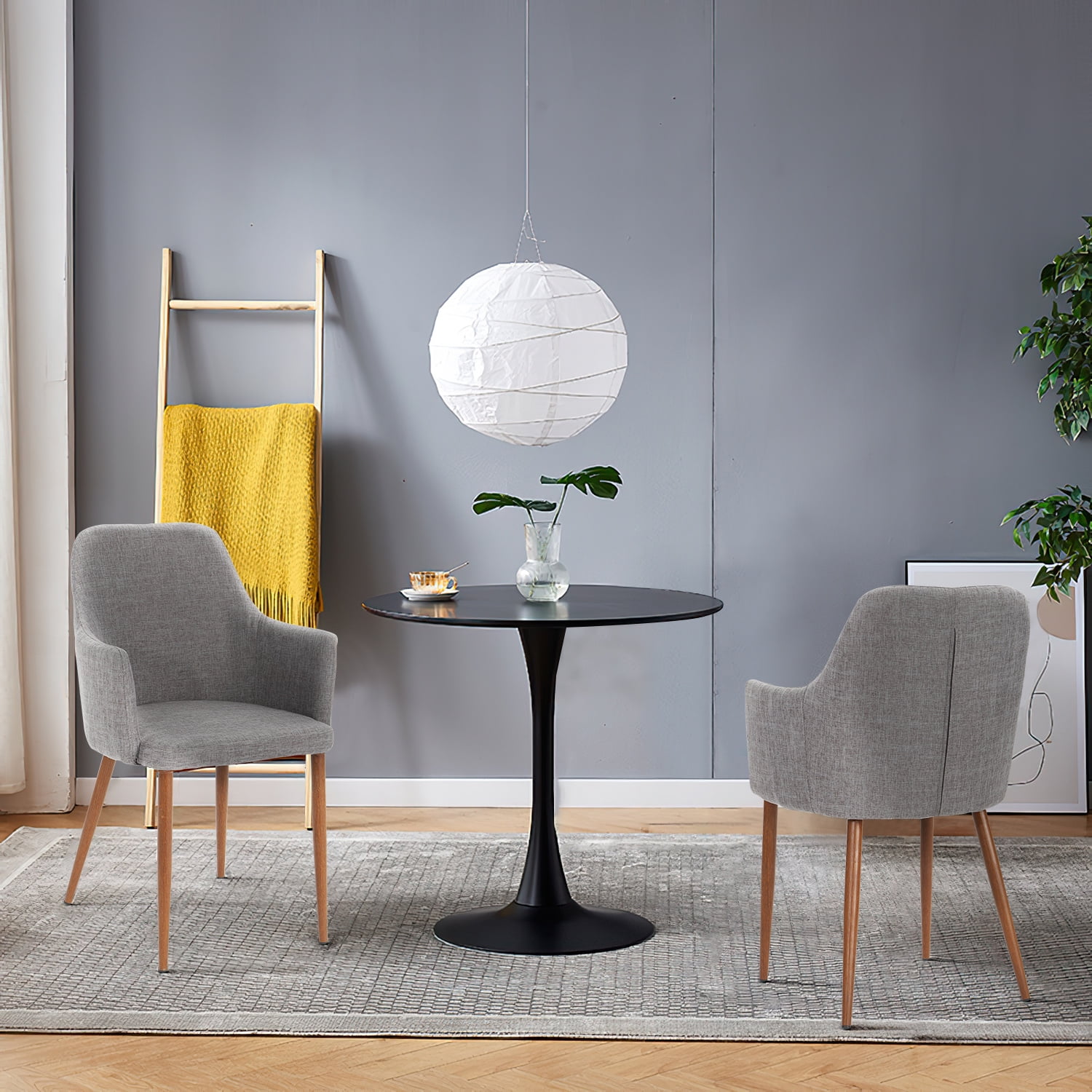 Kadyn Mid Century Modern Fabric Dining Chairs, Upholstered Dinner Chair with Wood Legs, Fabric Kitchen Chair for Dinning Room, Set of 2, Light Grey
