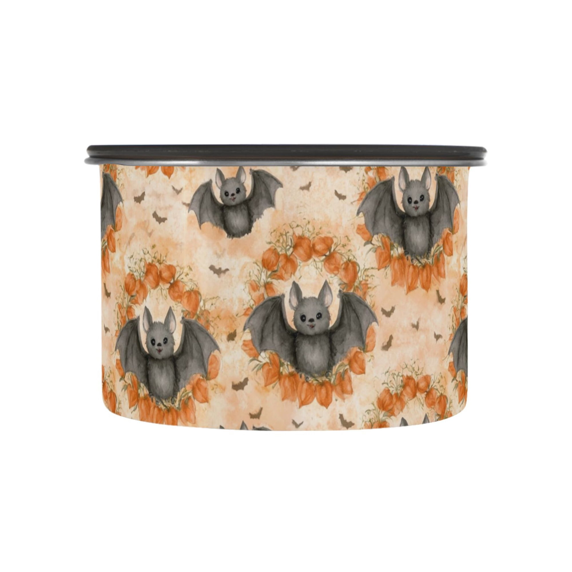 Stainless Steel Food Storage Canister Airtight Vacuum Seal Container with Silicone Gasket Bat and Orange Ground-cherry Pattern 500ml