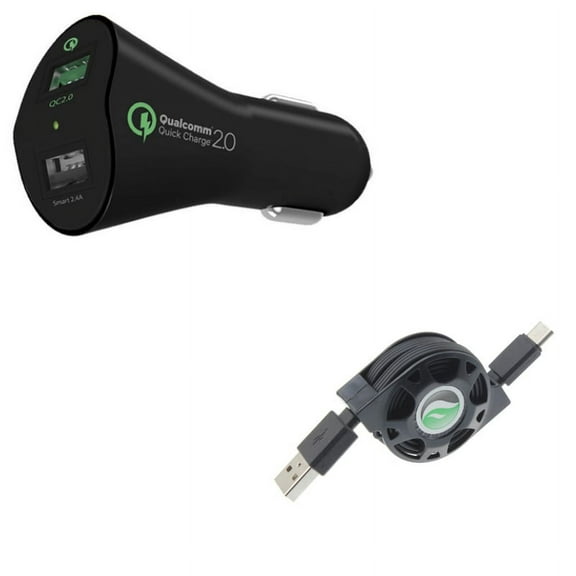 Type-C Retractable USB Cable w 2-Port USB 30W Fast Car Charger L2X for Acer Liquid Jade Primo - Alcatel PulseMix, 7, Idol 5S 5 4S - ASUS Zenfone V Live, ROG Phone, AR 6 5z 4 Pro