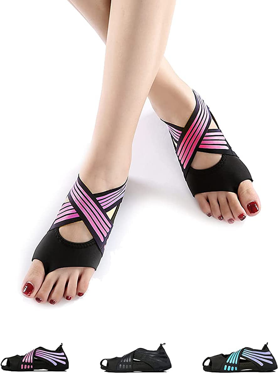 3 Pair Women's Yoga Socks Toeless Black  No Slip Design  Skid With Grips 