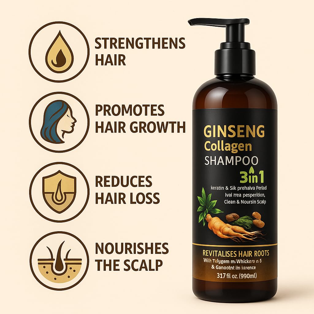 900ML X-Large 3in1 Ginseng Collagen Shampoo with Ginger extract, Hair Loss Prevention with Keratin & Silk Protein | Strengthens & Revitalizes Hair Roots for Thicker, Healthier Hair