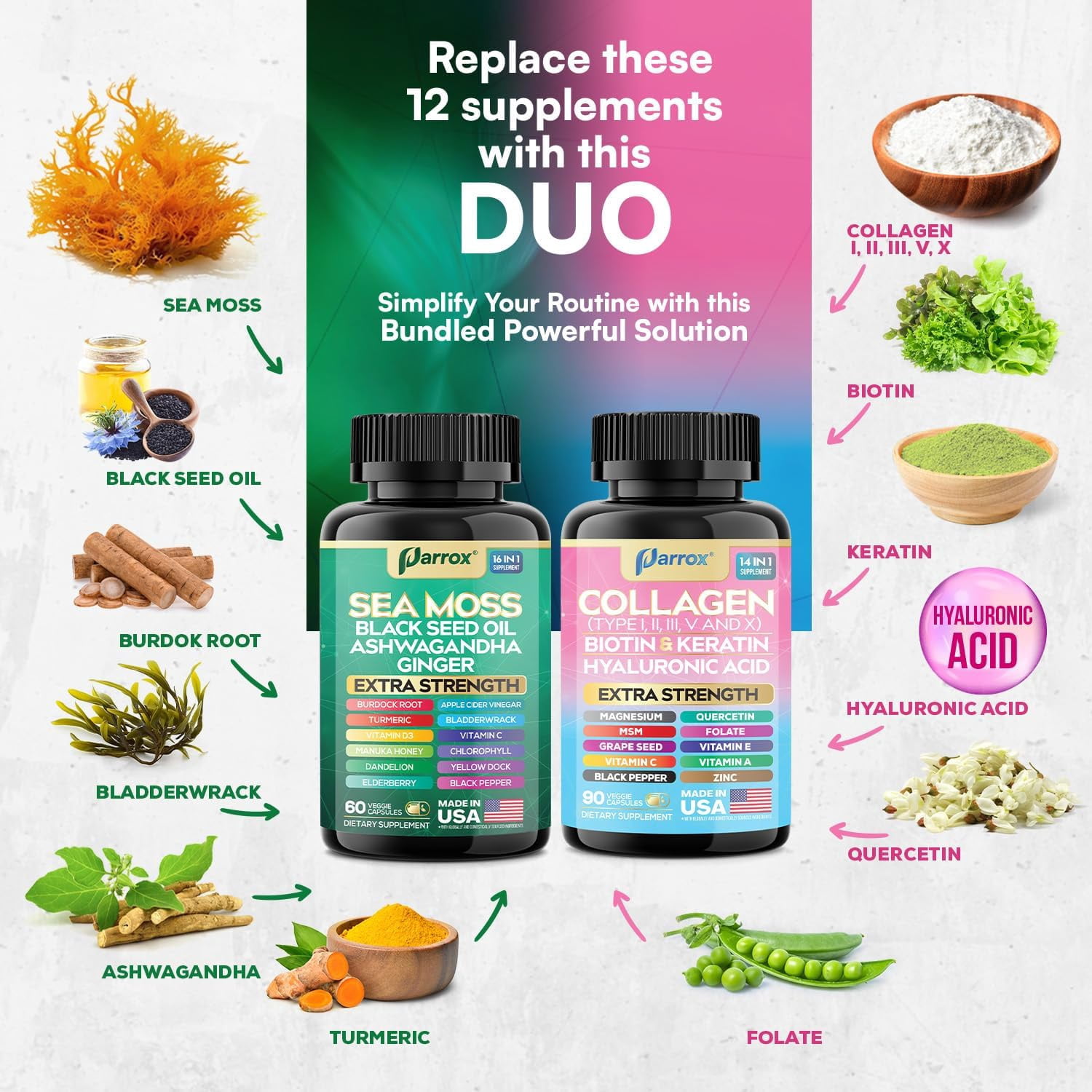 Parrox Radiant Wellness Bundle -Sea Moss, Black Seed Oil, Ashwagandha, Ginger, Collagen Types I II III V X, Biotin, Keratin, Hyaluronic Acid, Burdock Root, Turmeric, Vitamin D3, Magnesium (3 Pack)