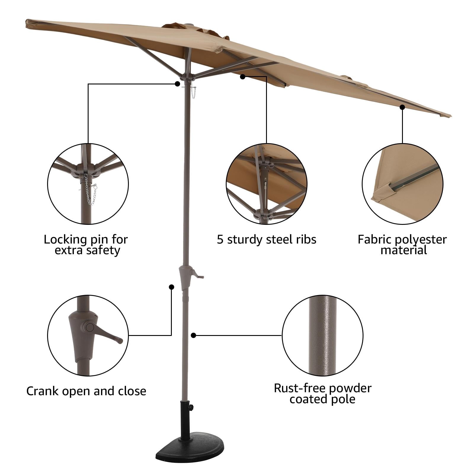 7.5’by 4’ Patio Umbrella with Outdoor Umbrella Base, Half Rectangular Outdoor Umbrella with Crank, Heavy-Duty Resin Patio Umbrella Base Included, Beige