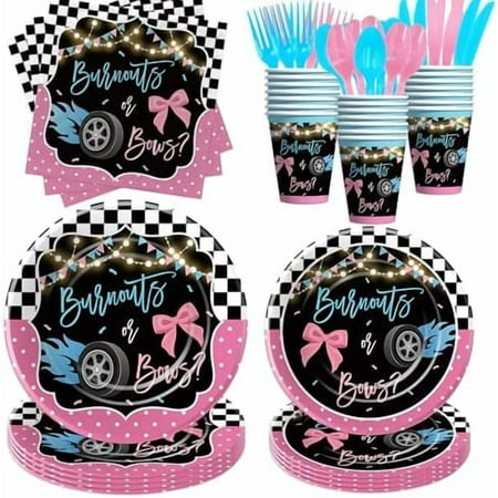 Gender Reveal Plates/Napkins (2435pcs): Burnouts bows (paperware; race car theme; baby shower supplies), 219 – Home Decor, Kitchen, & Other.