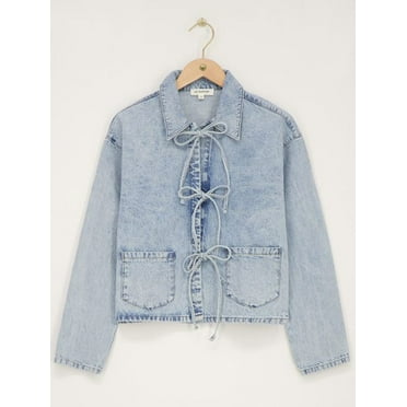 Women's Stylish Tie-Front Denim Jacket - Long Sleeve, Turn- Collar, Frayed Hem & Cuffs, Flap Pockets, Light Wash, Casual Jean Coat for Casual Attire