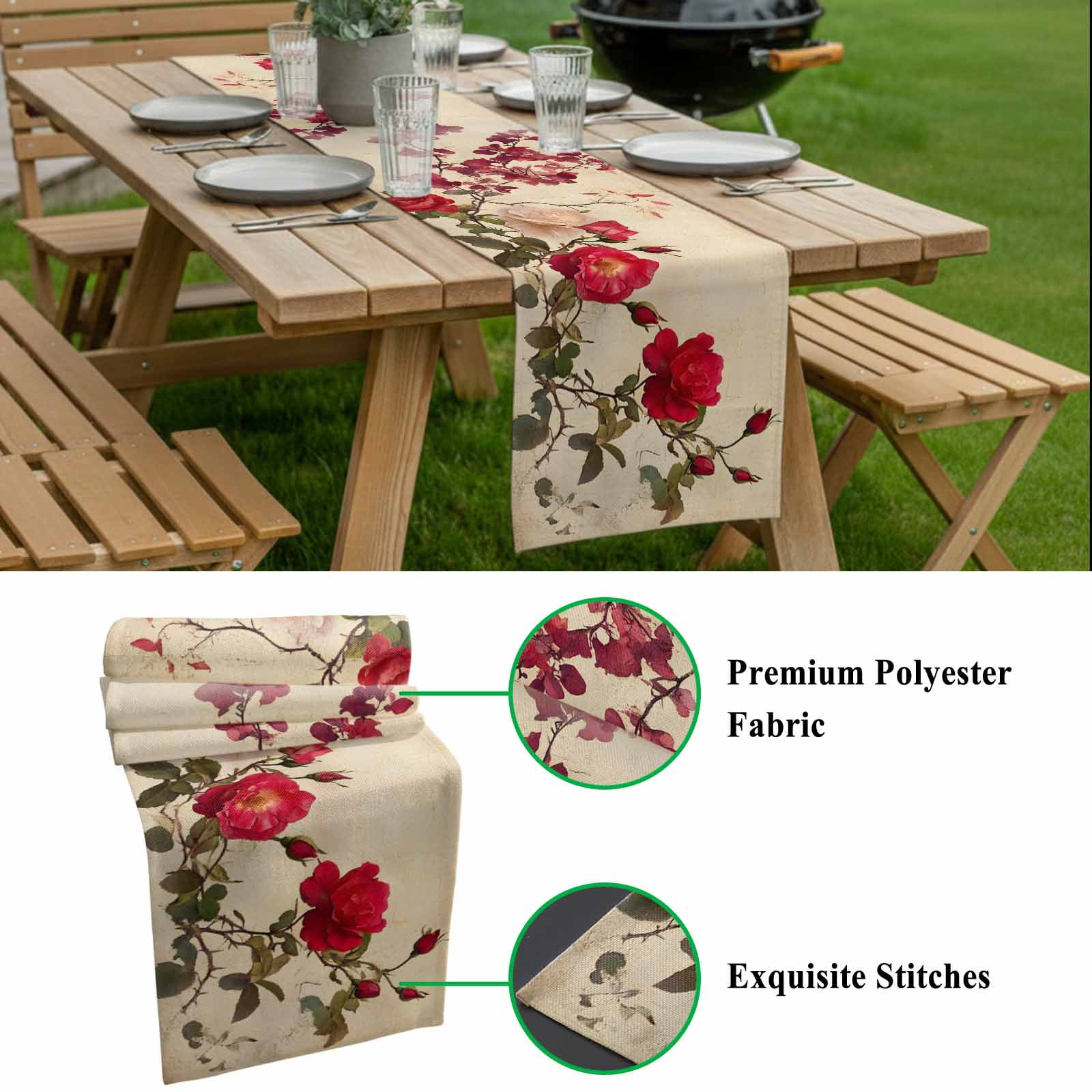 Spring Red Rose Table Runner 13x90 inch Country Watercolor Red Floral Green Leaf Linen Cotton Linen Dining Table Runner Ideal for Dresser Kitchen Coffee Tables - Machine Washable