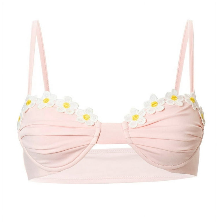 Women Sexy Bikini Tops Pink Floral Daisy Applique Sweet Bra Underwear  Spaghetti Strap Corset