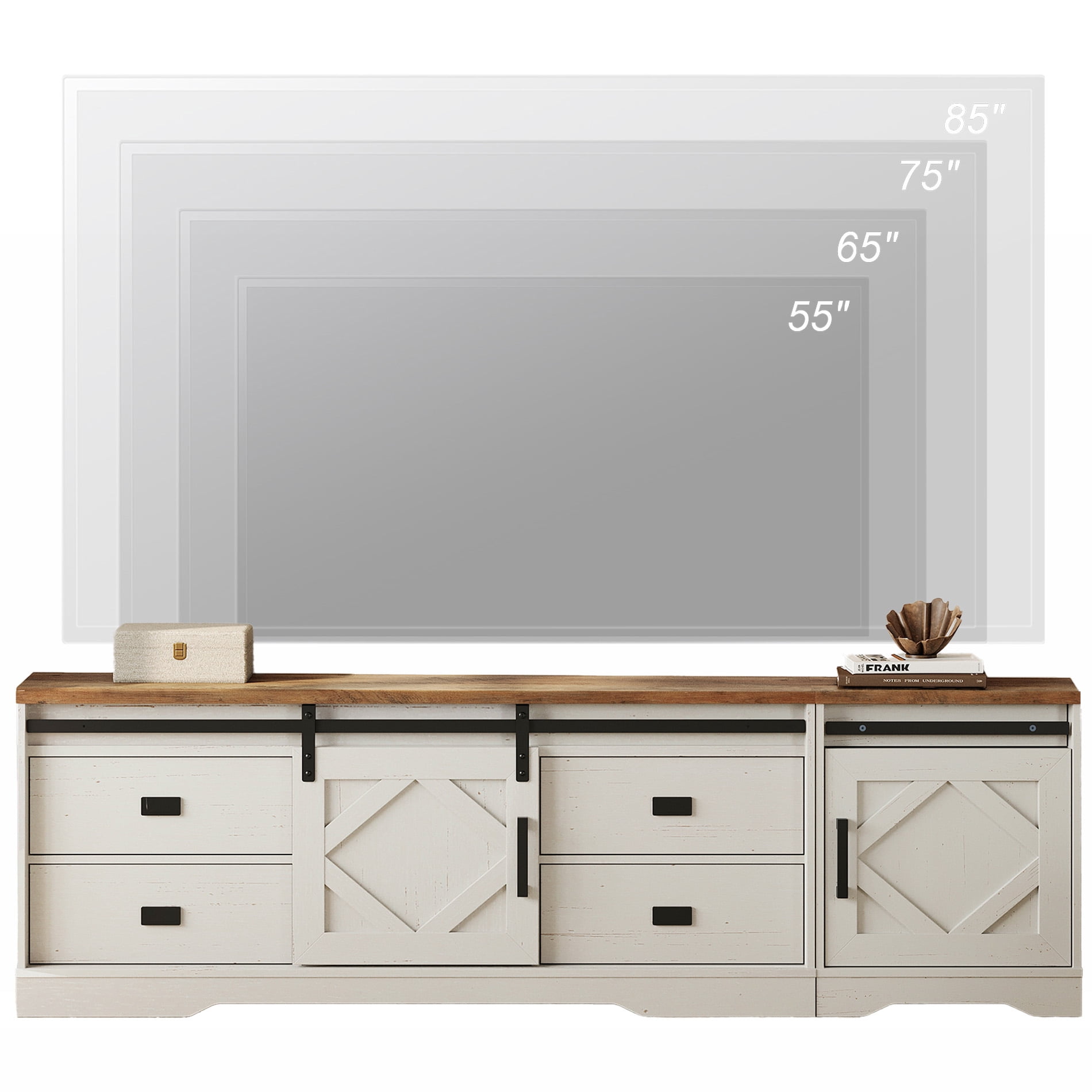 WAMPAT Farmhouse Entertainment Center for 85" TVs, 2-in-1 Wooden TV Stand with Barn Door, Adjustable Shelves and Storage Drawers,Media Console Table for Living Room,Cream White