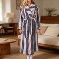 thumbnail image 2 of Women's Striped Plush Fleece Bathrobe - Thick Long Length Shawl Collar Robe with Belt and Pockets, Absorbent Cozy Lounge Wear for Winter, 2 of 8