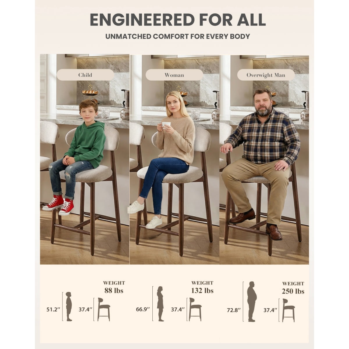 EOP Upholstered Counter Height Bar Stool with Back, Modern Kitchen Island Stool, Wood Leg Bar Chair for Kitchen Island Dining Room Bar Counter, Beige