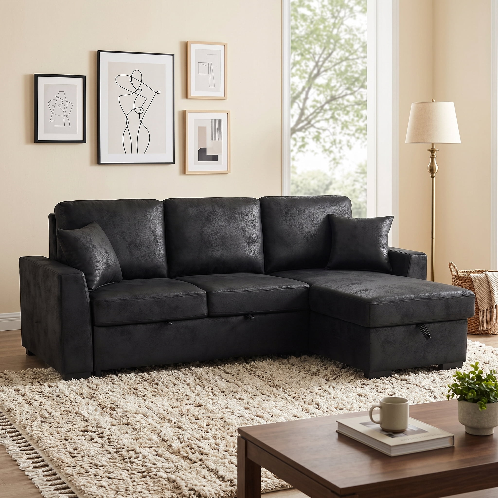 Howcool 94" Upholstered Sectional Sofa with Pull-Out Bed and Storage Chaise,Textured Fabric Sleeper Couch with USB Charger & Cup Holders for Living Room,Black