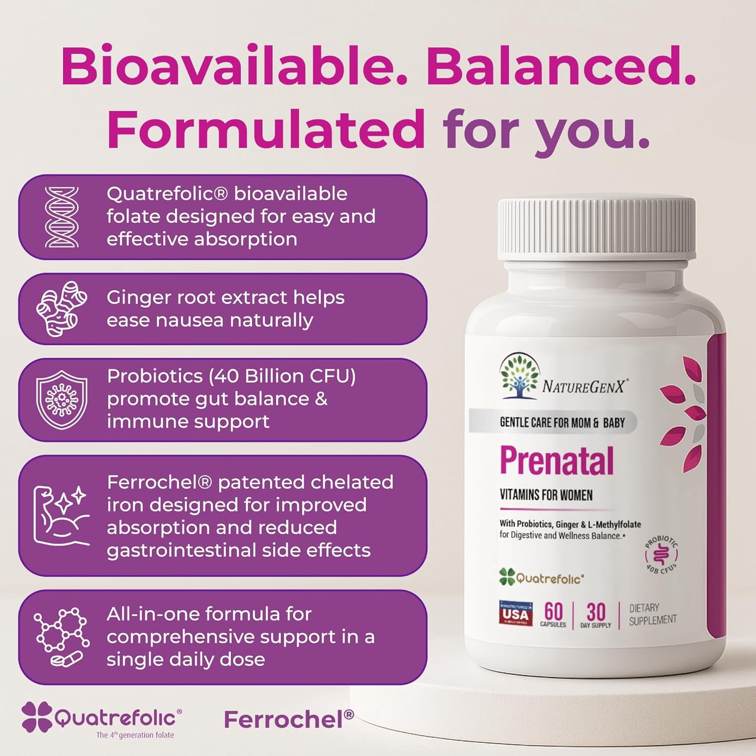 NatureGenX Prenatal Vitamins for Women provide a carefully formulated blend of over 27 essential nutrients to support nutritional needs during pregnancy and breastfeeding. With key ingredients like m